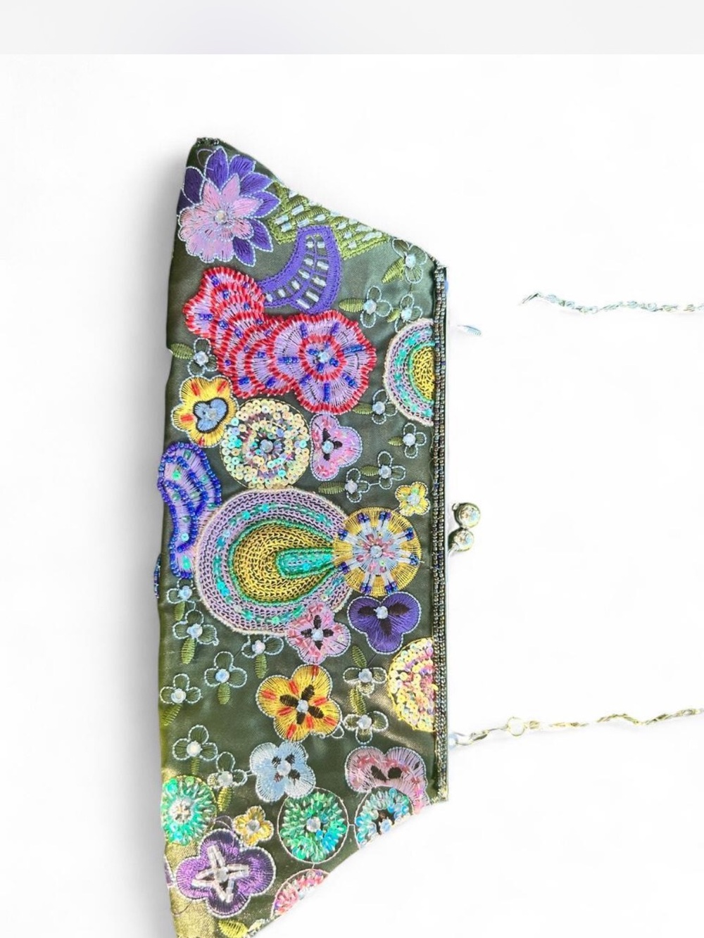 Embroidered Floral Beaded Shoulder Bag - Olive with Chain